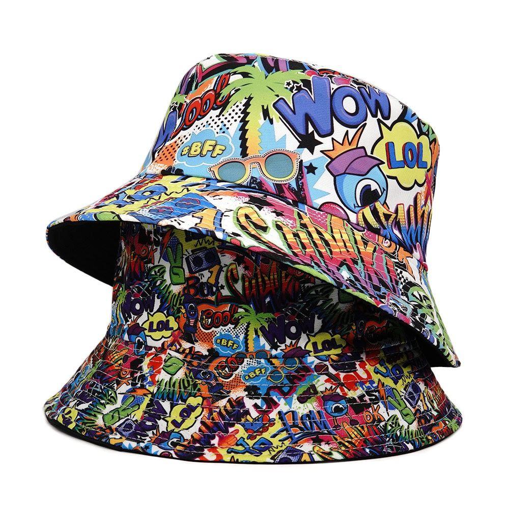 Graffiti Sunscreen Bucket Hats Sun Protection Letter Print Fishing Cap Double-Sided Breathable Sunshade Hat Outdoor