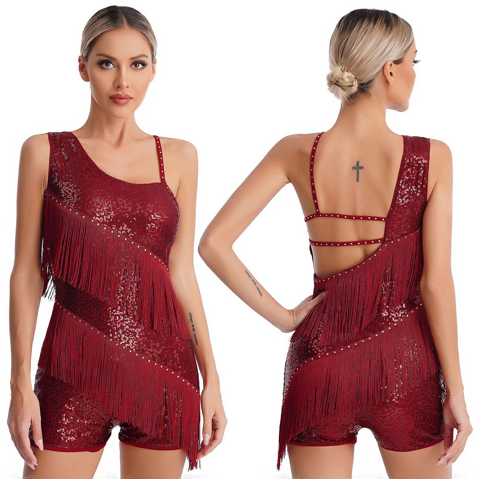 

Женская одежда для джазовых танцев, комбинезон с блестками и кисточками, танго, купальник для латинских танцев, боди с бахромой, платье-майка для бальных танцев