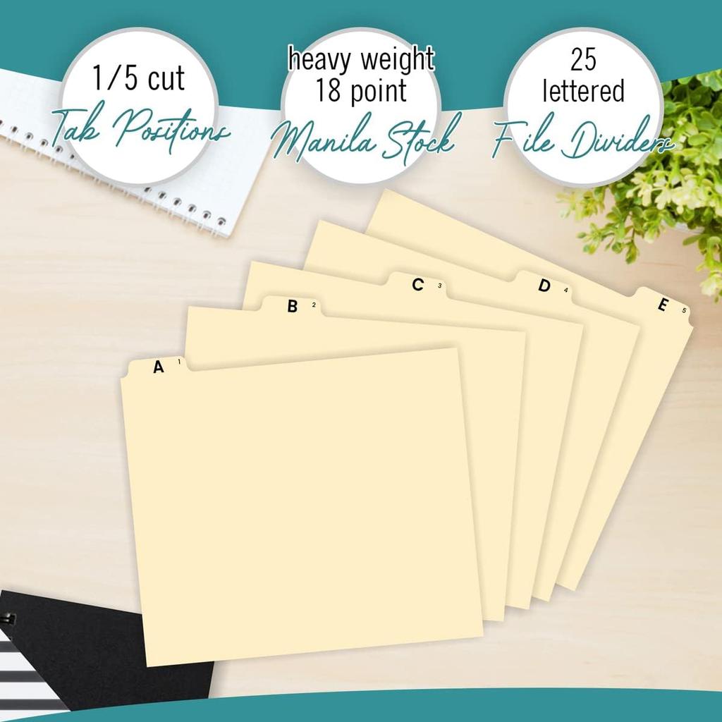 Alphabetical File Organizer, File Cabinet Dividers Letter Size, 25 Heavyweight Manila Guides A-Z Dividers with Tabs, 1/5 Cut Tab Positions Filing