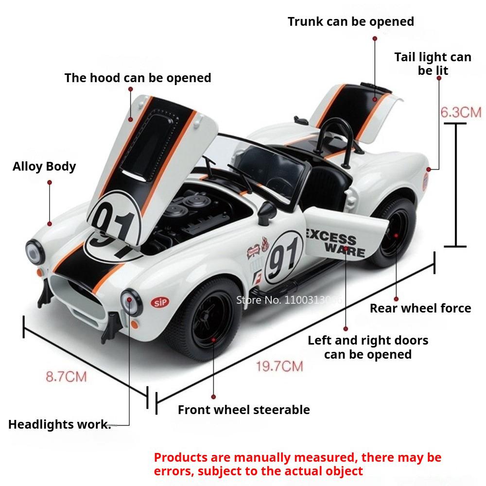 1:22 Cobra Alloy Car Diecast Miniature Toys Model Doors Opened Sound Light Pull Back Front Wheel Steering Vehices Gifts for Boys