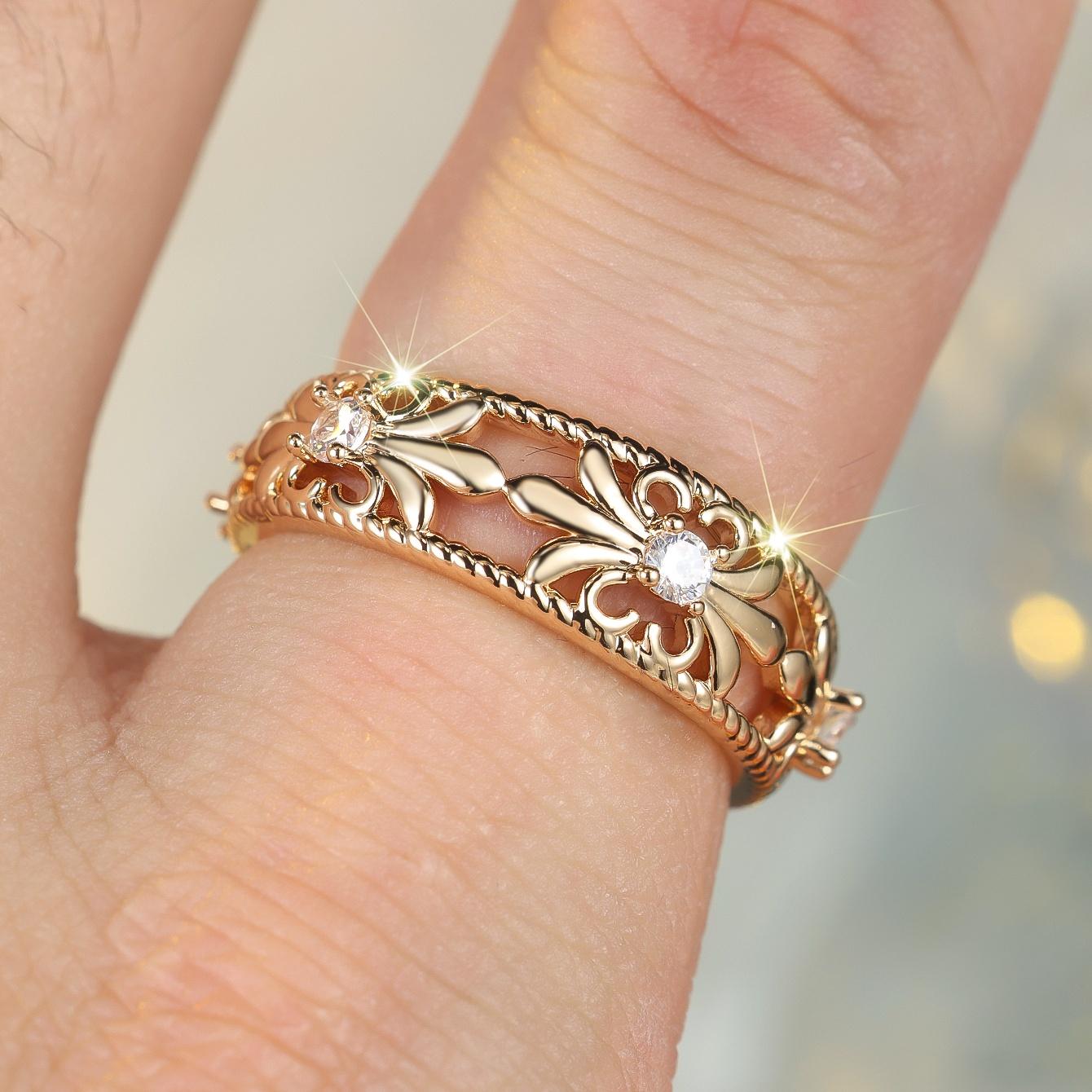 

Cute Female White Zircon Flower Open Ring Gold Color Wedding Rings Promise Adjustable Engagement For Women resizable