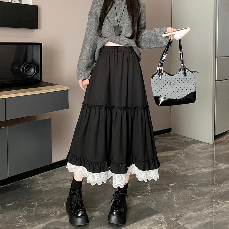 Lace Spliced Midi Skirts for Women High Waist Sweet Vintage A-line Cake Skirt Fashion Clothing Spring Autumn