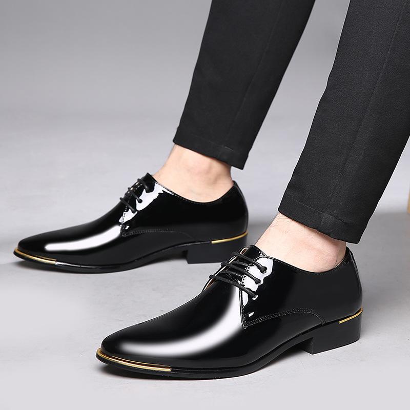 Men's Dress Shoes Patent Leather Shoes New Lace Up Pointed Toe Office Shoes Black Soft Wedding Shoe Plus Size Business Men Shoe