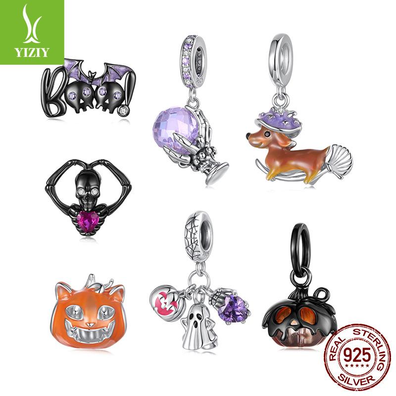 Halloween Pumpkin Skull Diy Beaded Accessories Personalized Dark Wind S925 Sterling Silver Pendant