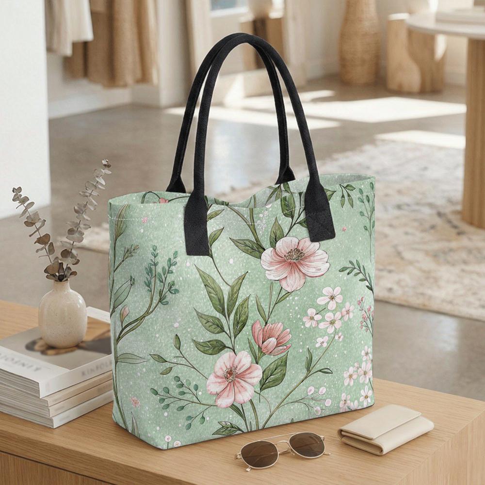 Floral Printed Tote Bag Large Capacity Canvas Shoulder Bag for Daily Use