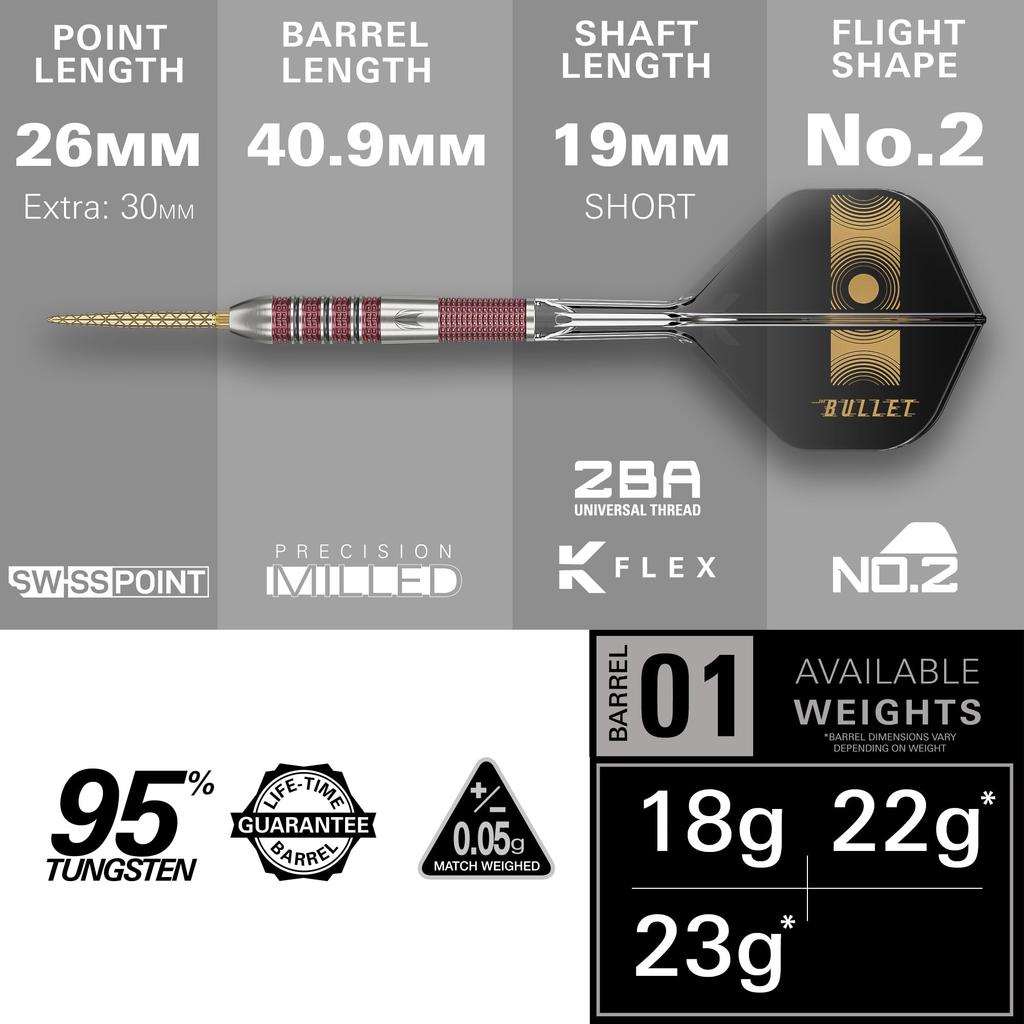 TARGET Stephen Bunting 95K Swiss Point Steel Tip Dart Set, 22G/23G Kflex Flights & Shafts, Bullet Player Edition 95% Tungsten Darts