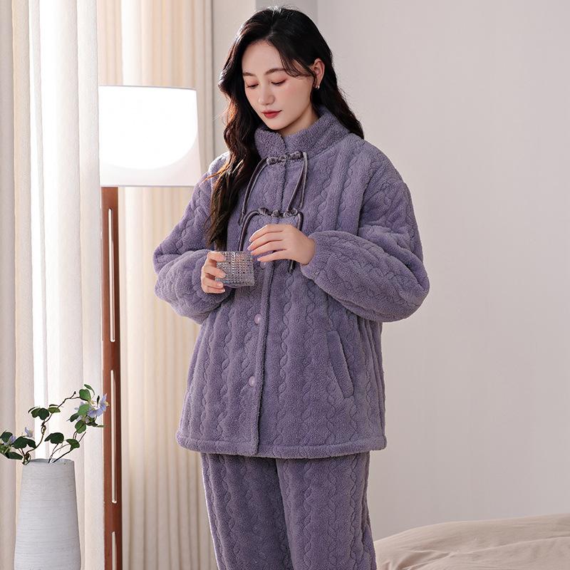 Pajamas Women's Winter Coral Fleece Thickened Fleece Three-layer Padded Cotton Winter Flannel New Padded Jacket Loungewear