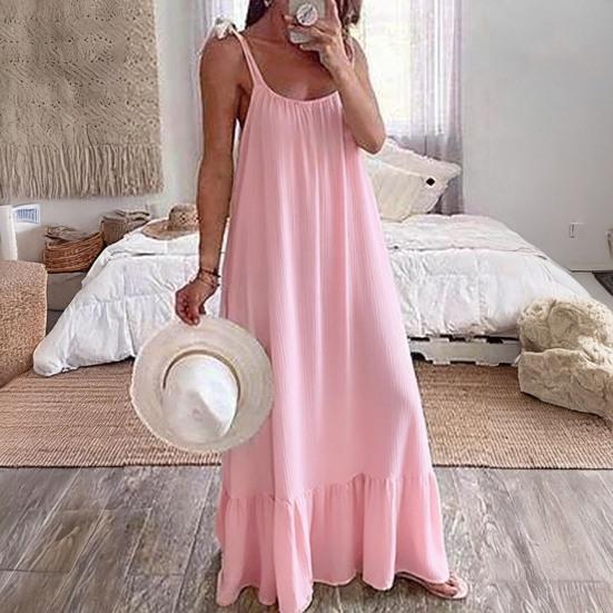 Women's Summer Casual Loose Dress Tie Shoulder Sleeveless Square Neck Maxi Dress A-Line Ruffle Flowy Beach Sundress
