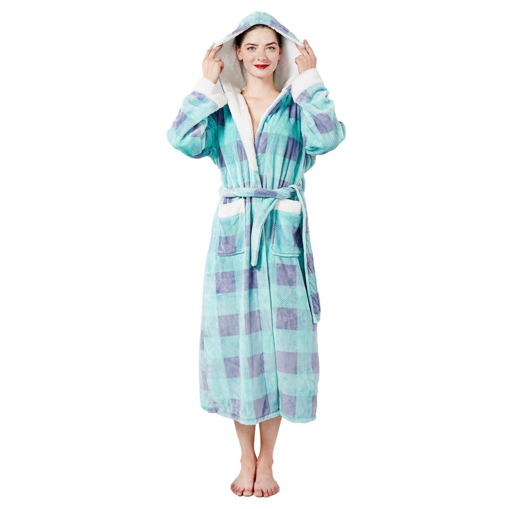 European & American Style Casual Warm Flannel Plaid Hooded Bathrobe Pajamas