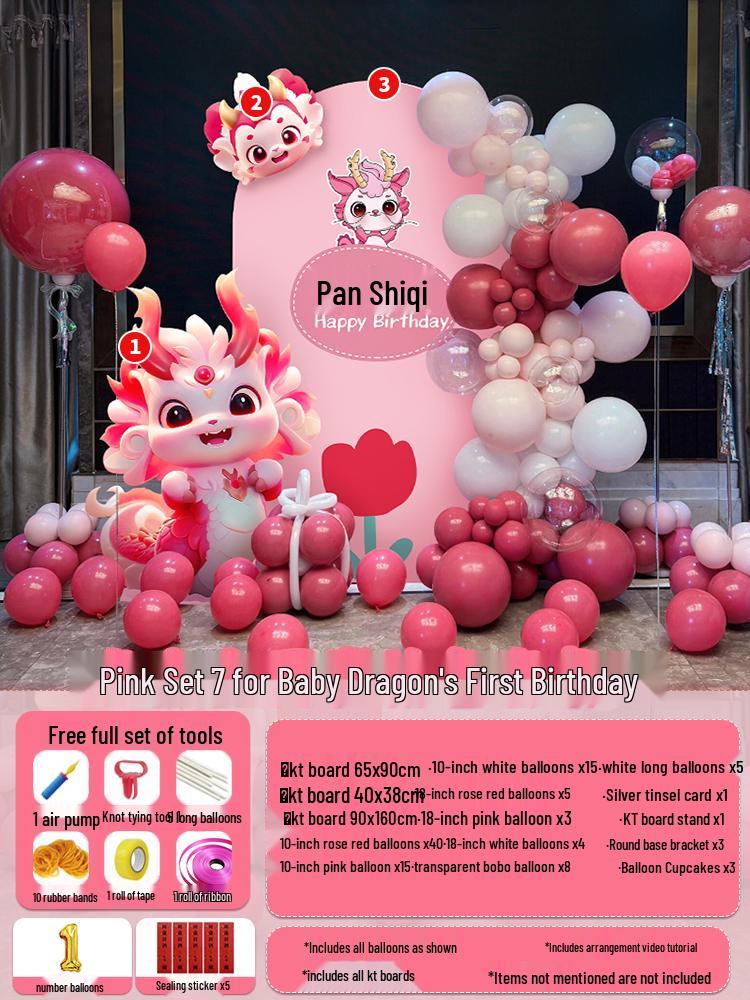 Dragon Baby Balloons & KT Board Backdrop for Girl's First Birthday Party