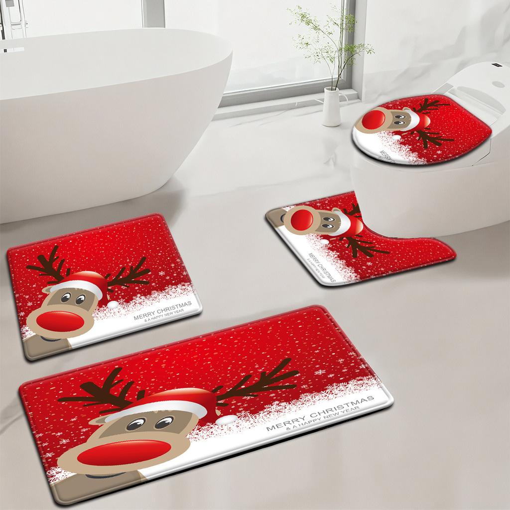 3pcs Christmas Red Background Snowflake Reindeer Pattern Bathroom Mat Set Toilet Seat Cover and Rug Bathroom Decoration Foot Mat