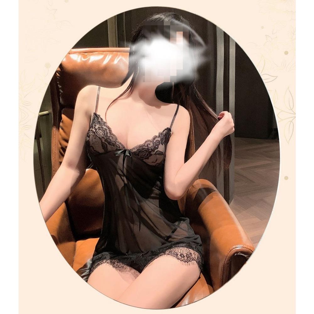 Night Crisp Sexy Underwear Lace Mesh Cardigan Pajamas Uniform Seduction Passion Tease Four-piece Set with Chest Pad