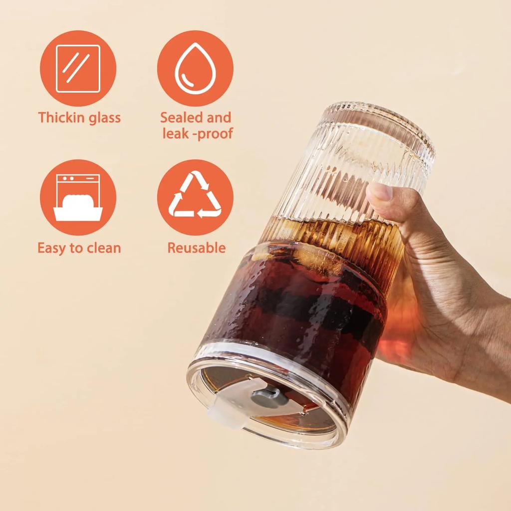 600ML Ribbed Glass Tumblers with Lids and Straws 1/2PCS Drinking Glasses for Iced Coffee Cups Milk Juice Cold Beverages