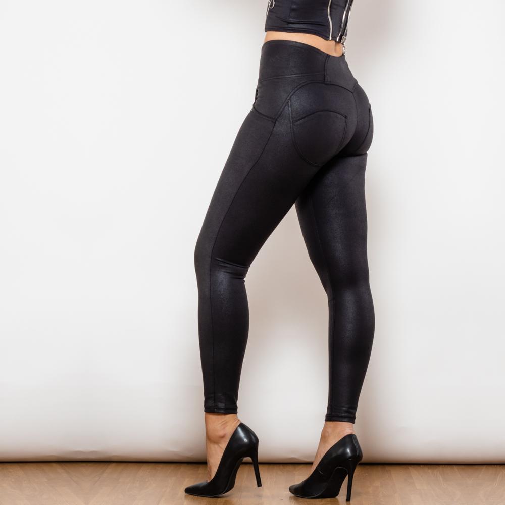 Shascullfites High Waist Crackle Black Coated Lifting Button Up Leggings Sexy Bum Lift Sculpture Pants for Women