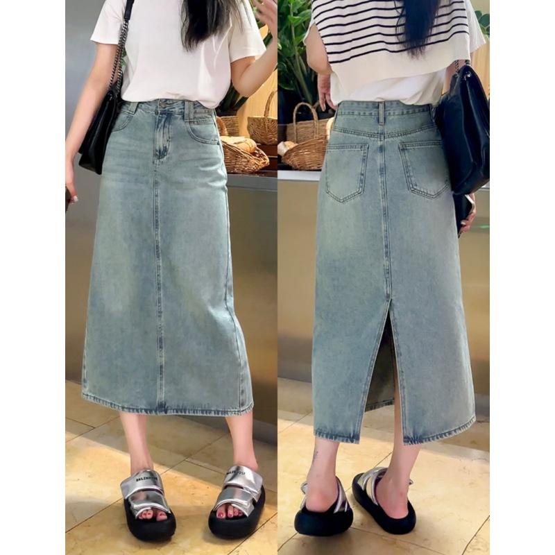 Split Denim Half-body Skirt Women's Summer High Waist Mid-length Denim Skirt A-line Skirt