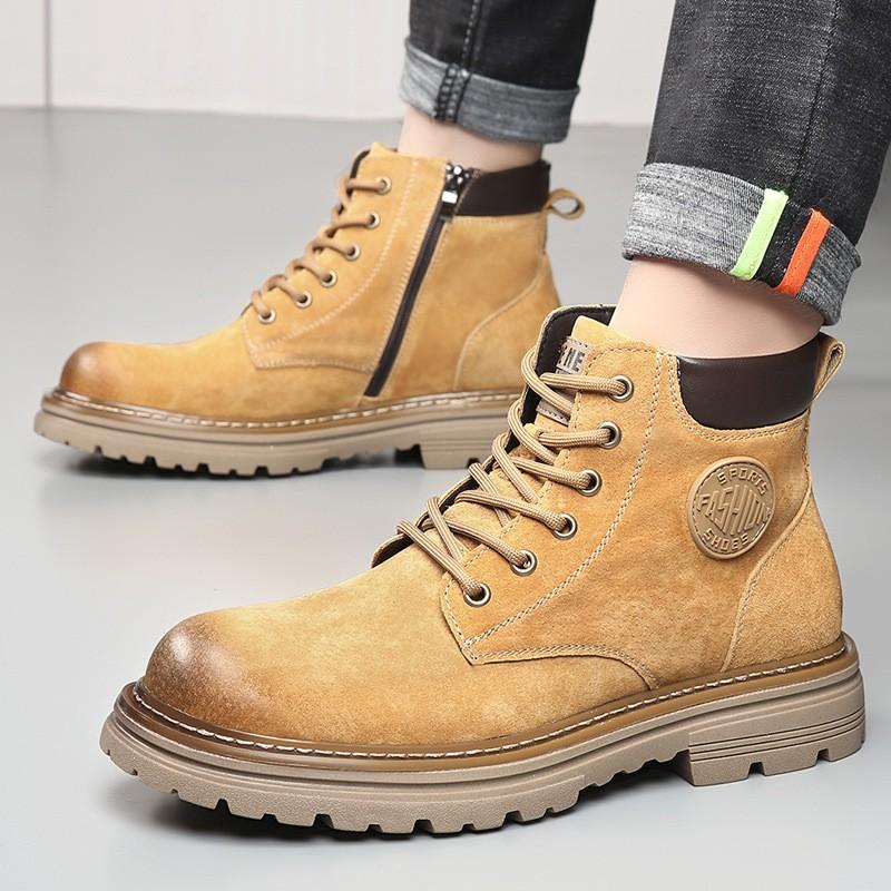 Mens Genuine Leather Martin Boots Winter Warm Lined Thick Sole Slip Resistant Casual Workwear Yellow Brown