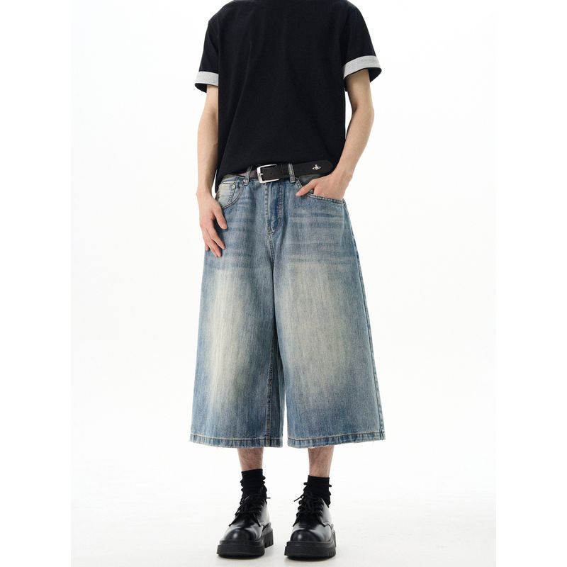 Kisko American Retro Bamboo Texture Washed Vintage Wide-Leg Denim Shorts Unisex New Loose Cropped Pants Ins