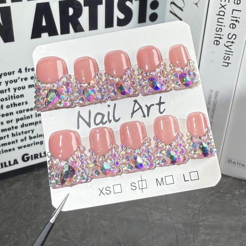 Clear French Tip Press-On Nails With Starry Sky Design Ultra Thin Glitter Full Rhinestone Fake Women