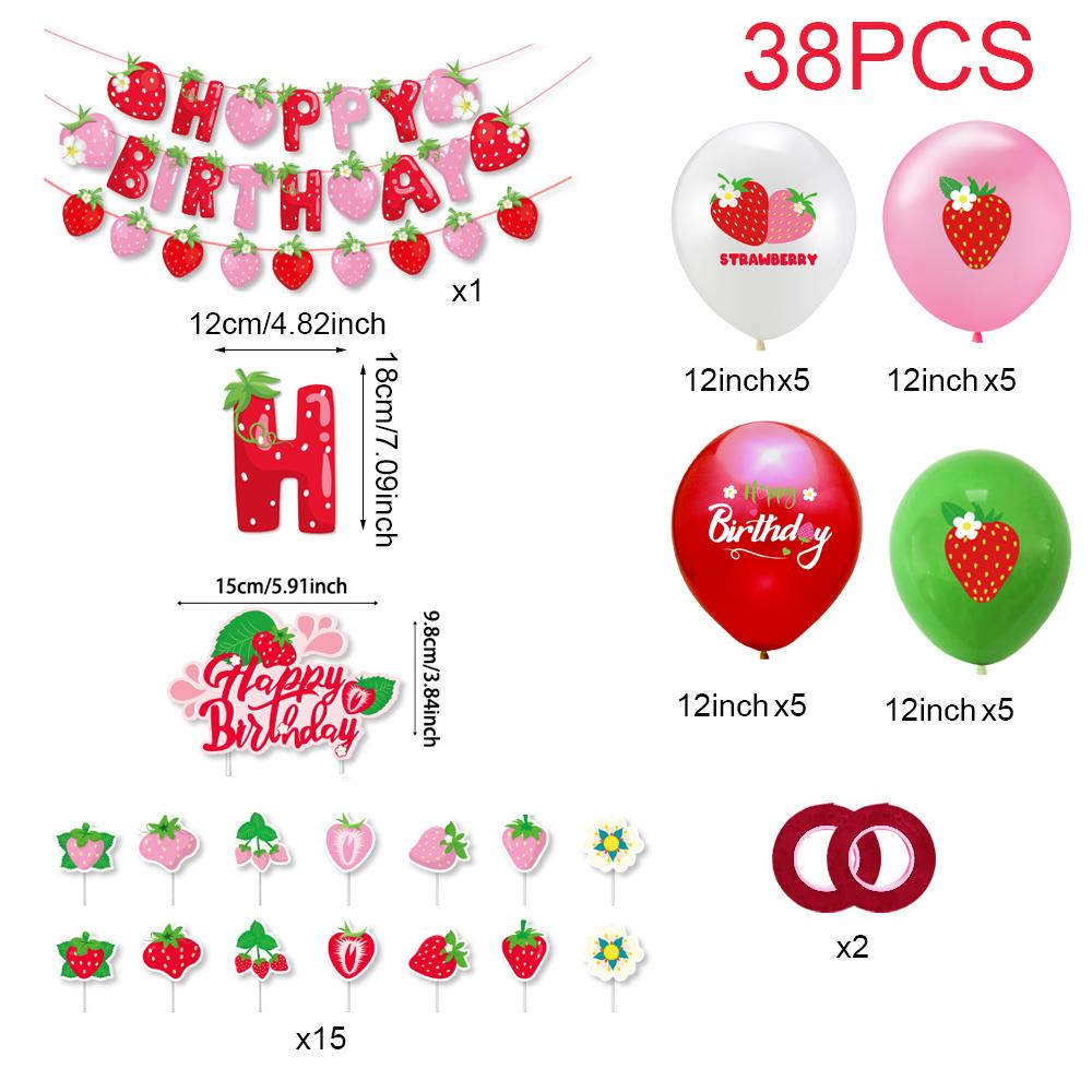 Runtow 38pcs Strawberry Balloon Birthday Party Decoration Strawberry Flag Cake Card Insertion Balloon Decoration