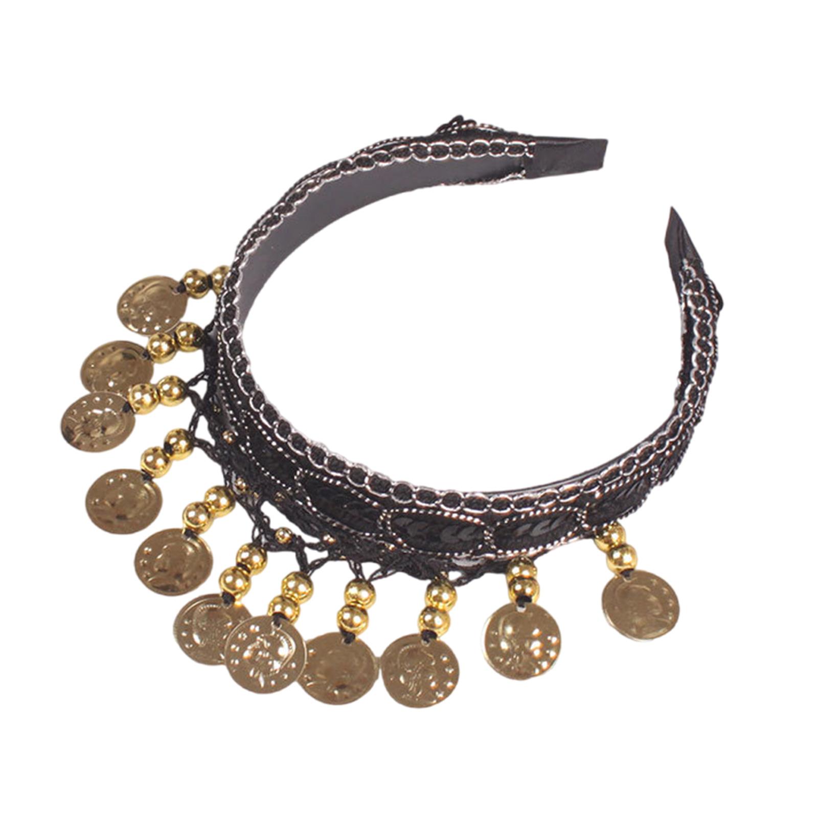 

Этнический головной убор для танца живота, элегантная повязка на голову с кисточками из золотых монет для сценических выступлений и культурных мероприятий чёрный
