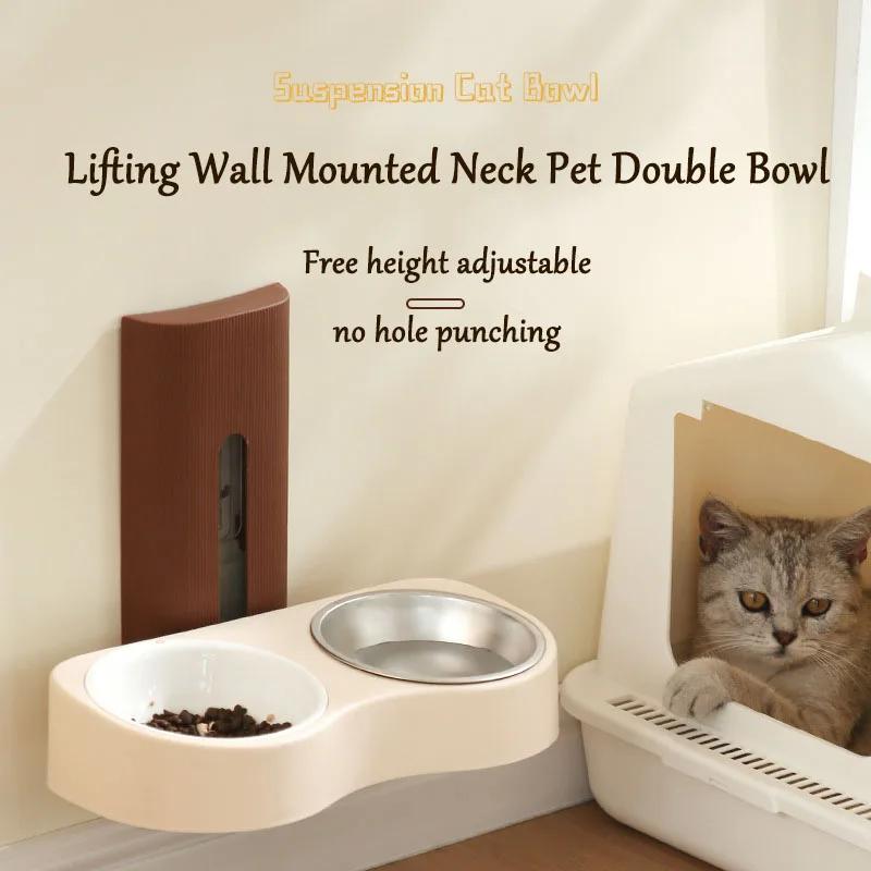 Wall-mounted Pet Double Bowl High Stainless Steel Ceramic Cat Water Dispenser Feeder Dog Bowl Adjustable Height Cat Food Basin