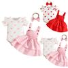 Baby Girls Summer Short Sleeve Romper with Heart Print Suspender Dress and Bow Headband 3 Piece Set Infant Toddler Outfit