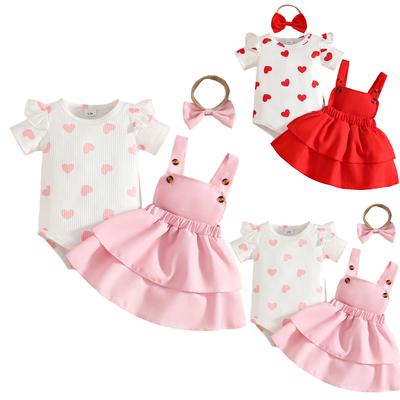 Baby Girls Summer Short Sleeve Romper with Heart Print Suspender Dress and Bow Headband 3 Piece Set Infant Toddler Outfit