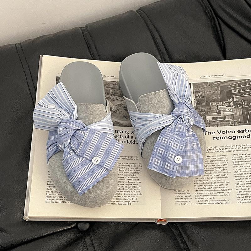Retro design denim plaid bow baotou half slippers women's 2025 summer new sweet lazy sandals