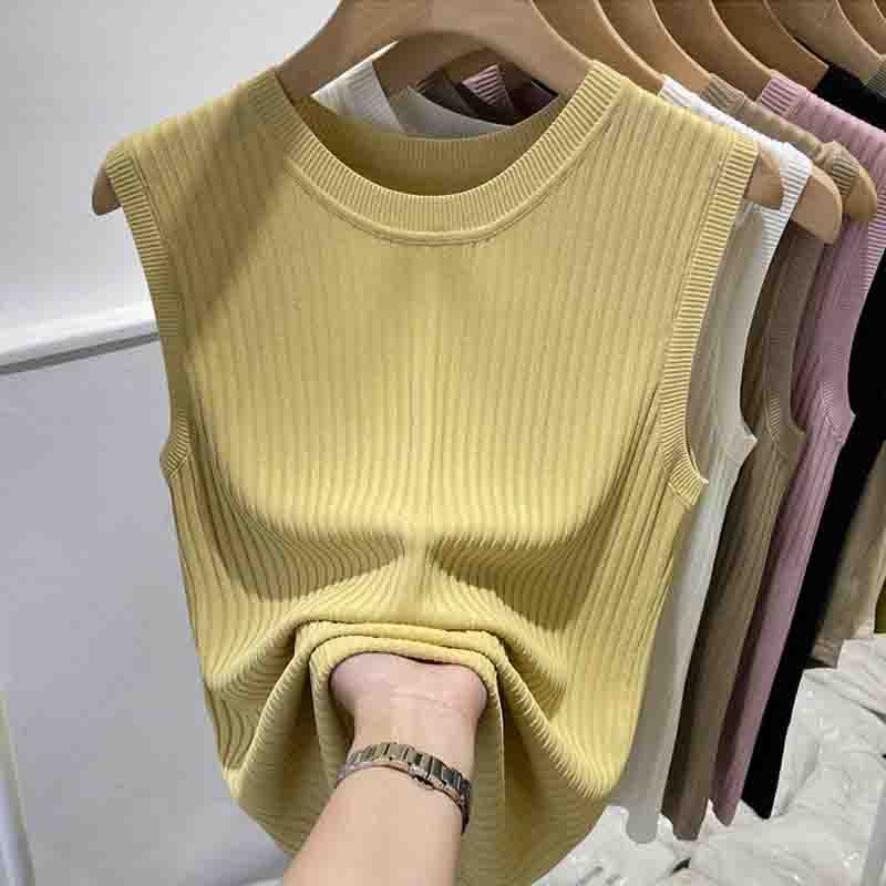 Mode 2024 Nouveaux Débardeurs Tricotés d'Été Sans Manches Femmes Col O Slim Blanc Noir Débardeurs Tricotés Femmes Tops JJ44