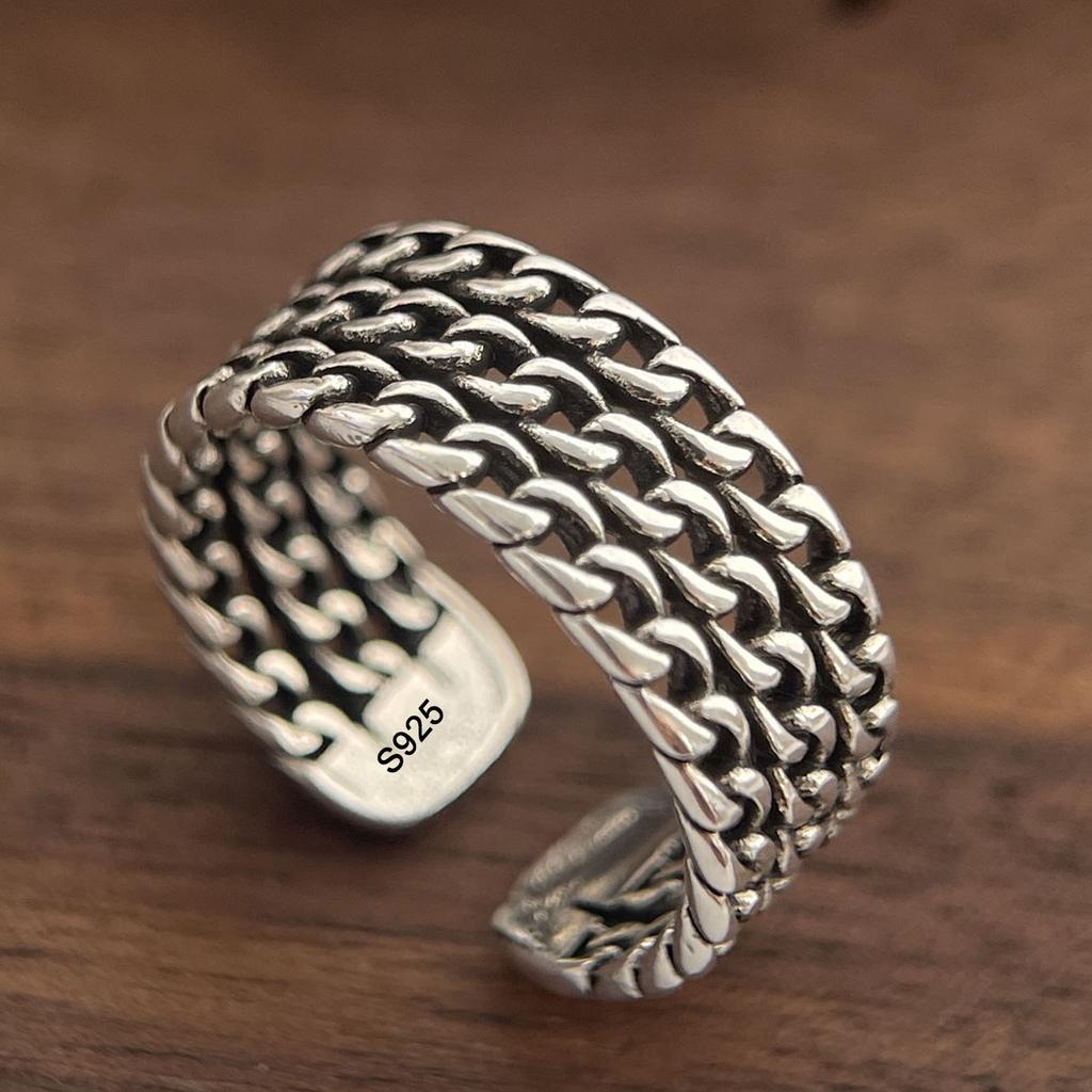 925 Sterling Silver Rings for Women Couple Minimalist Handmade Simple Wide Retro Chain Ring Fine Jewelry Gift Prevent Allergy