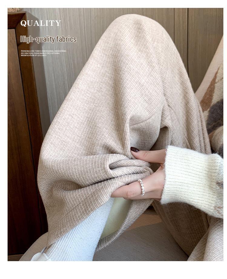 Women's Cream Cashmere Wide-Leg Knit Pants - High Waist, Floor-Length, Solid Color, Autumn/Winter