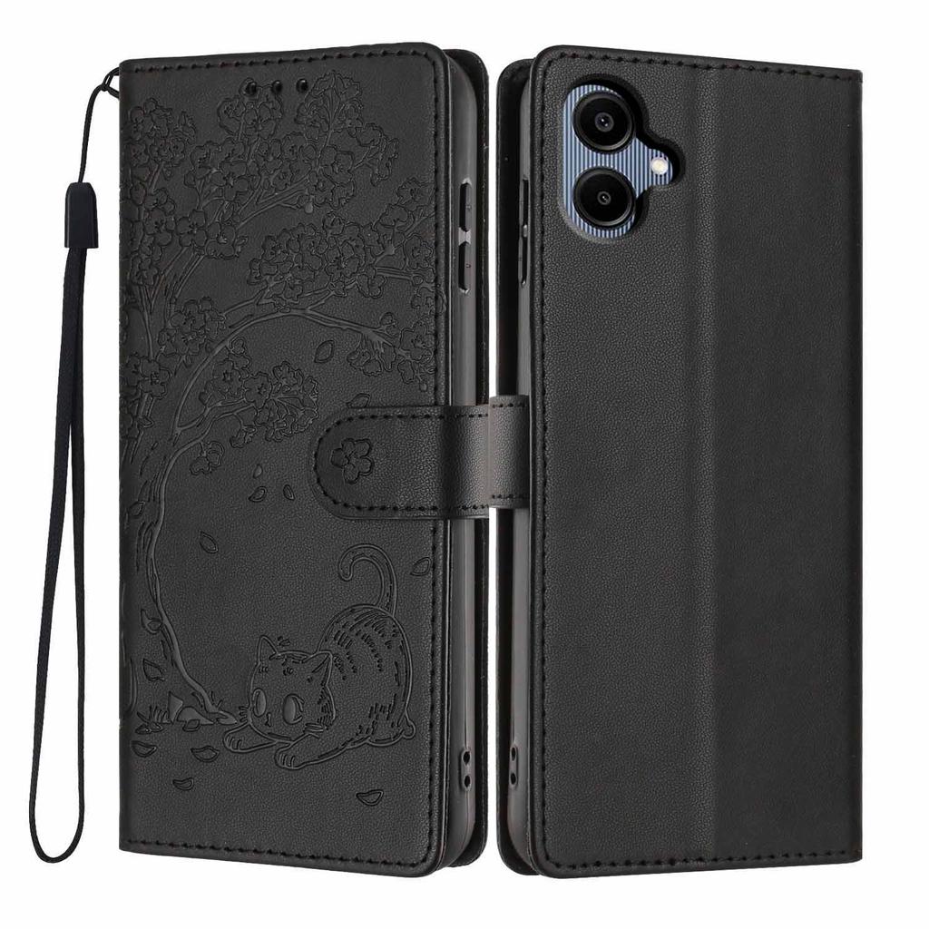For Samsung Galaxy A06 4G Stand Case Tree-and-Cat Pattern PU Leather Wallet Protective Phone Cover with Wrist Strap