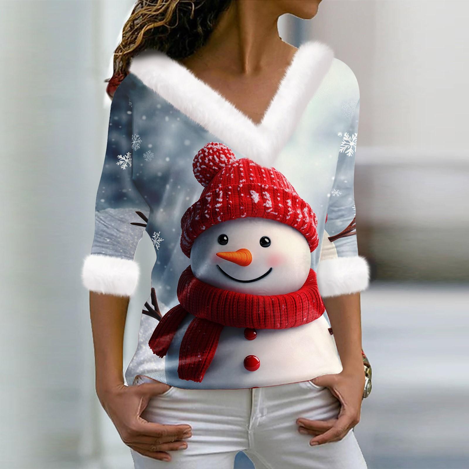 

Женская футболка с рождественским принтом, длинный рукав, флисовый воротник, V-образный вырез, футболка S