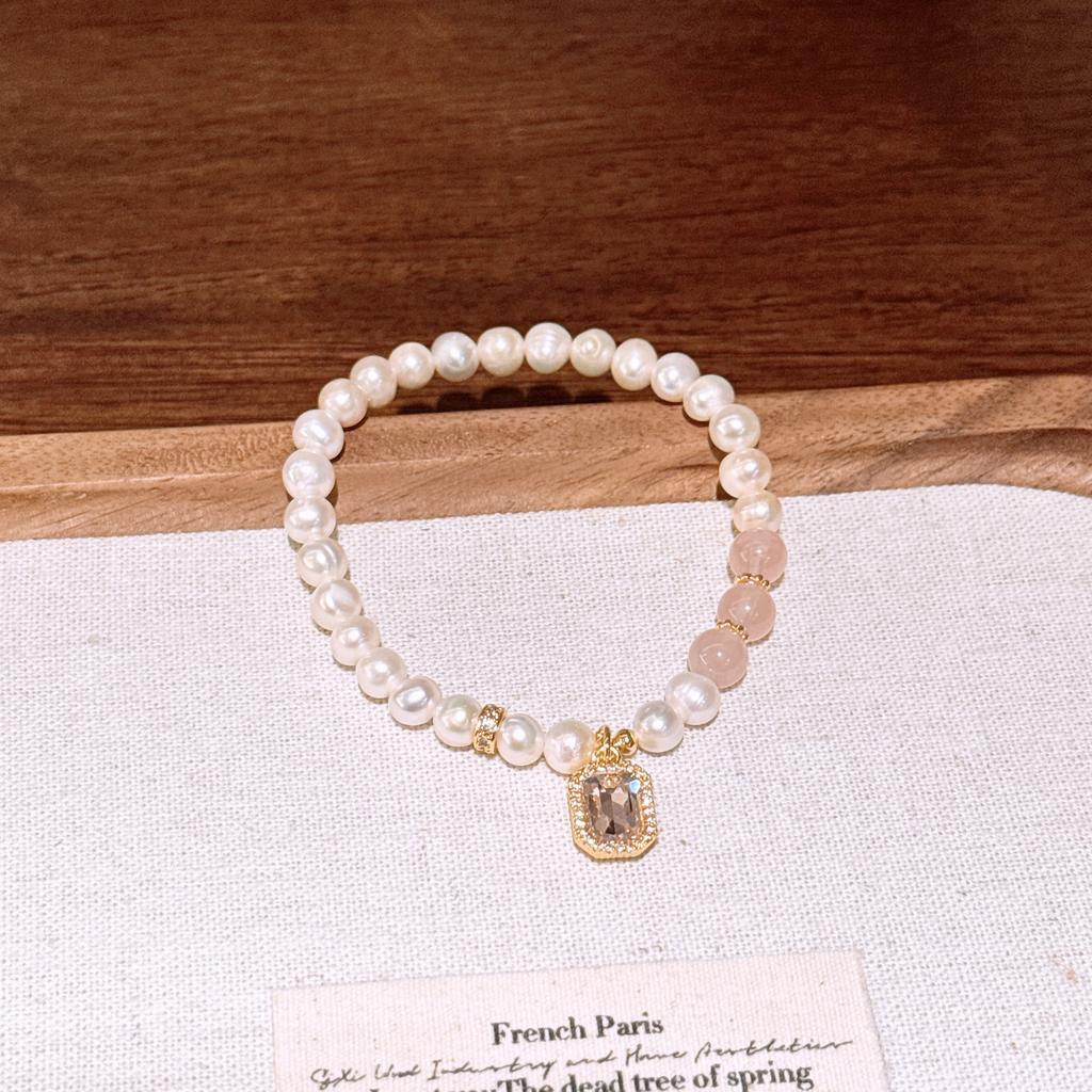 Natural Pearl and Rose Quartz Sugar Cube Pendant Bracelet Light luxury and gentle style versatile bracelet