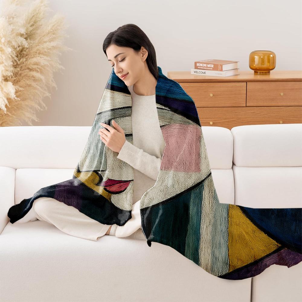 1pc Monet-Style Abstract Woman Face Print Plush Fleece Blanket - Mauve Teal/Navy Blue Golden Beige Soft Thick All-Season Luxur