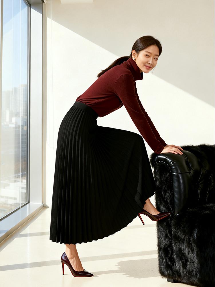 Fei Yuan Women's Elegant High-Waist Accordion Pleated Skirt - Autumn/Winter Style