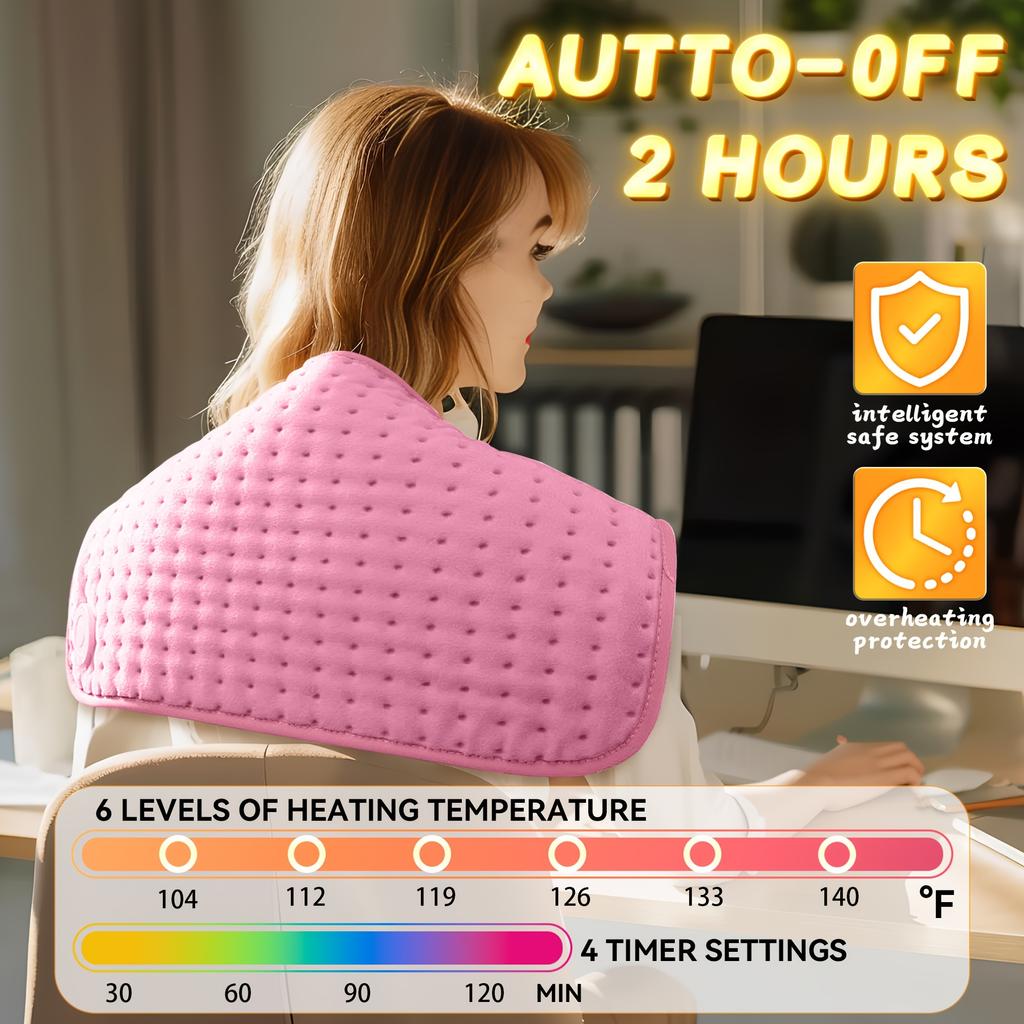 Cobertor elétrico - ajuste de temperatura de 6 marchas, adequado para pescoço, abdômen, ombros, joelhos, flanela macia, fechamento automático, material de flanela macia