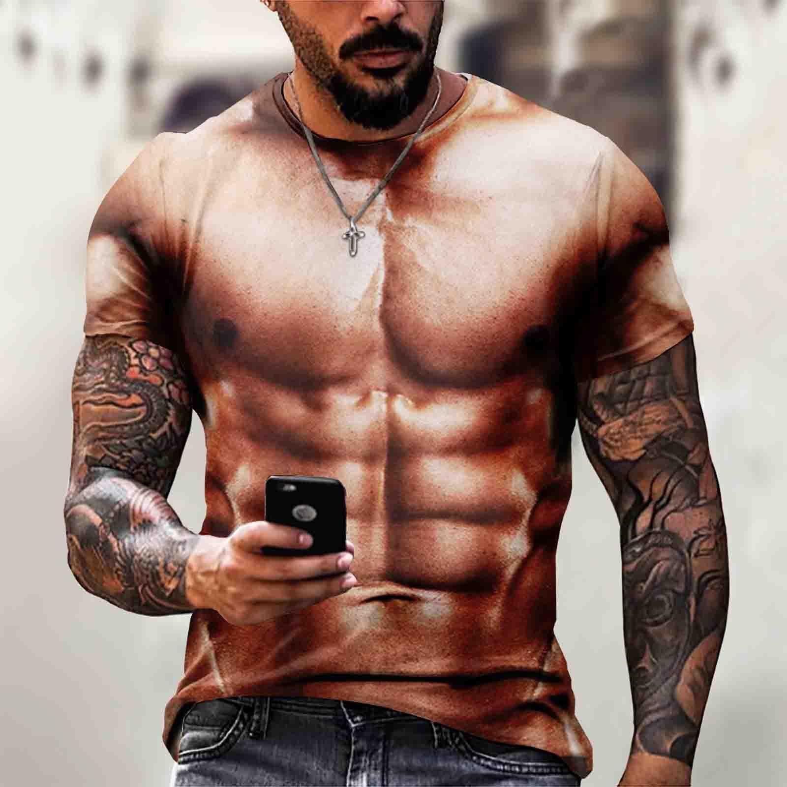 

Мужская футболка с короткими рукавами и 3d мышцами, повседневный пуловер с мышцами живота, топ с короткими рукавами M коричневый