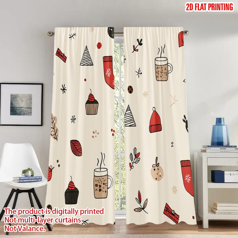 

Set Of 2 Flat Printing Popular Christmas Curtains Holiday Stocking Tree Cupcake Digital Printed Polyester Drapes Made W100*H70(CM)-Hooks&2PCS