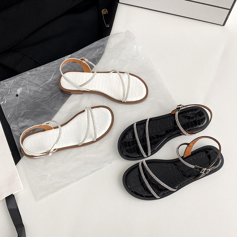 Modische Kristall-Riemchensandalen für Damen, lässiges Design mit Steinmuster, Sandalias de mujer Sommer 2025, flache Sommerschuhe für Studentinnen