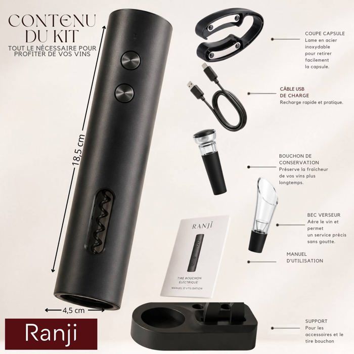 Ranji - Kit Tire Bouchon Électrique Rechargeable USB C, Coffret Ouvre Bouteille Électrique Automatique