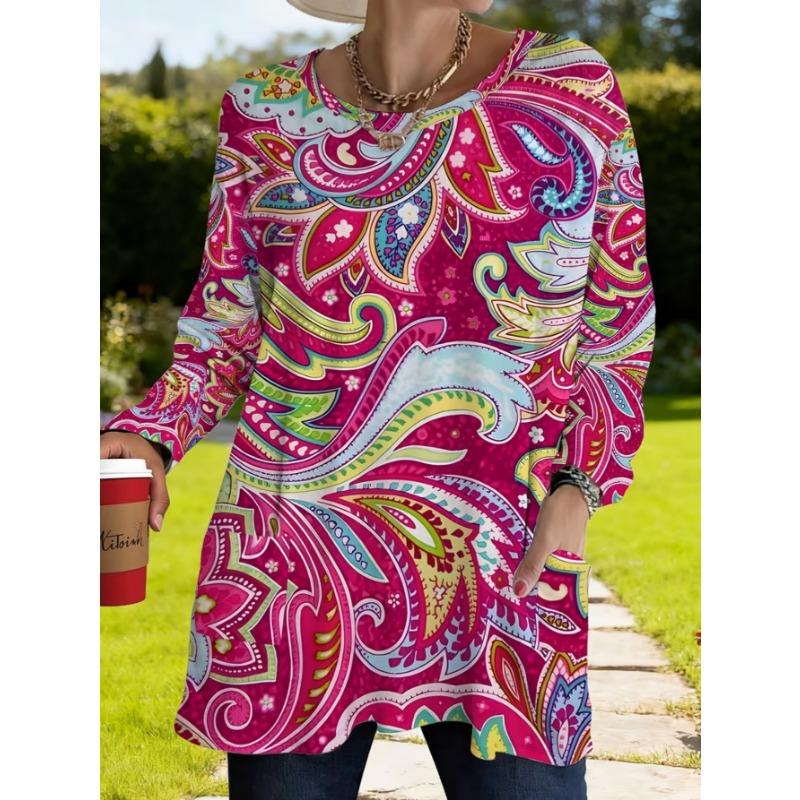 Women's long-sleeved round-neck T-shirt, suitable for spring, autumn and winter seasons. It has pockets and print designs. machine washable.