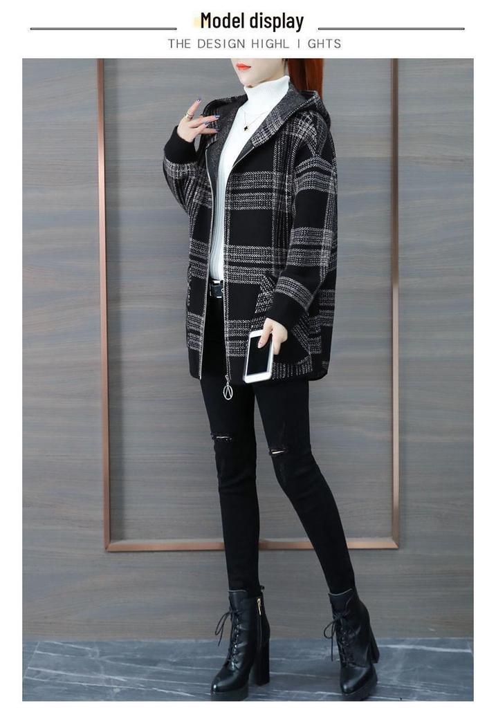 Women's Loose Plaid Hooded Jacket - 2025 Autumn/Winter Fashionable Zipper Cardigan