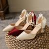 Fashion Slimming Shoes Casual Heels Shallow Mouth Sandals Ladies Pointed Pumps Hollow 2024 All-Match Comfortable Beige African Bow Toe