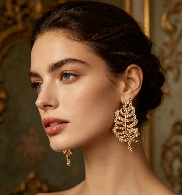 Geometric Asymmetrical Leaf Rhinestone Earrings - Retro Court Design with New Chinese Style