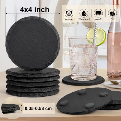 MAPRIAL Slate Coasters with Holders, Set of 12, Round Black Slate Stone DIY Coasters with Scratch-Resistant Backing, Halloween, Christmas, Bar, Kitche
