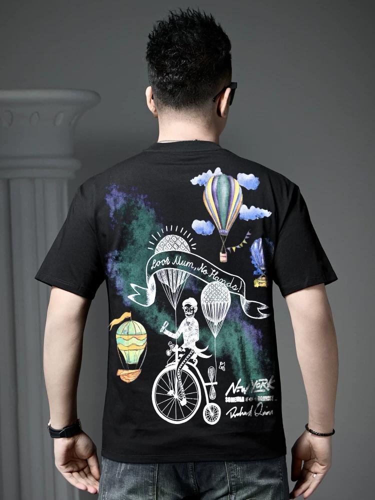 

European Men s High-End Printed Embroidered Round-Neck Short-Sleeve T-Shirt 2025 New Summer Trendy Half-Sleeve Top 2XL чёрный
