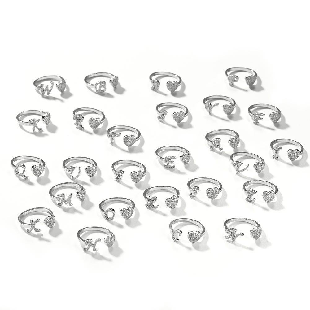 UWIN Adjustable Heart Letter Rings for Woman Zircon Letter A-Z 26 Initial Ring Alphabet a B C D E F G H I J K L M N O P Q R S Resizable&A серебряный