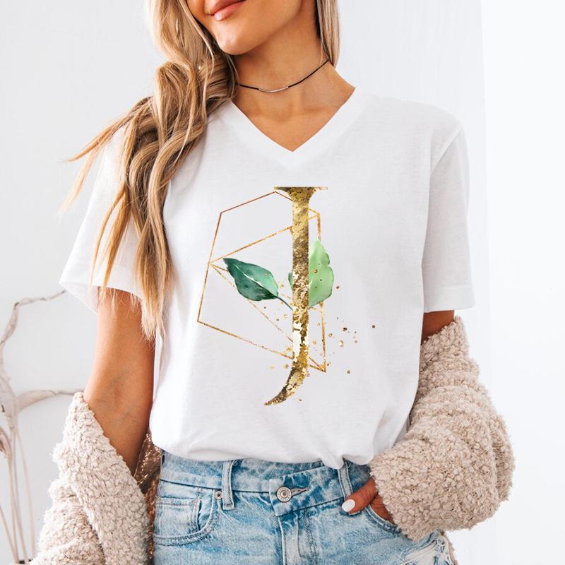 Pink Flower Letters Az Print Tshirt 26 Alphabet Unisexs Vneck Tshirt Flower Letter A B C D Short Sleeve Female Tees Tops