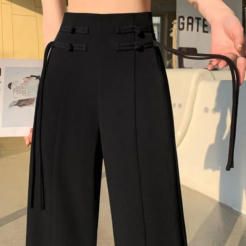 

Women s High Waist Chinese Style Frog Button Wide Leg Suit Pants L чёрный